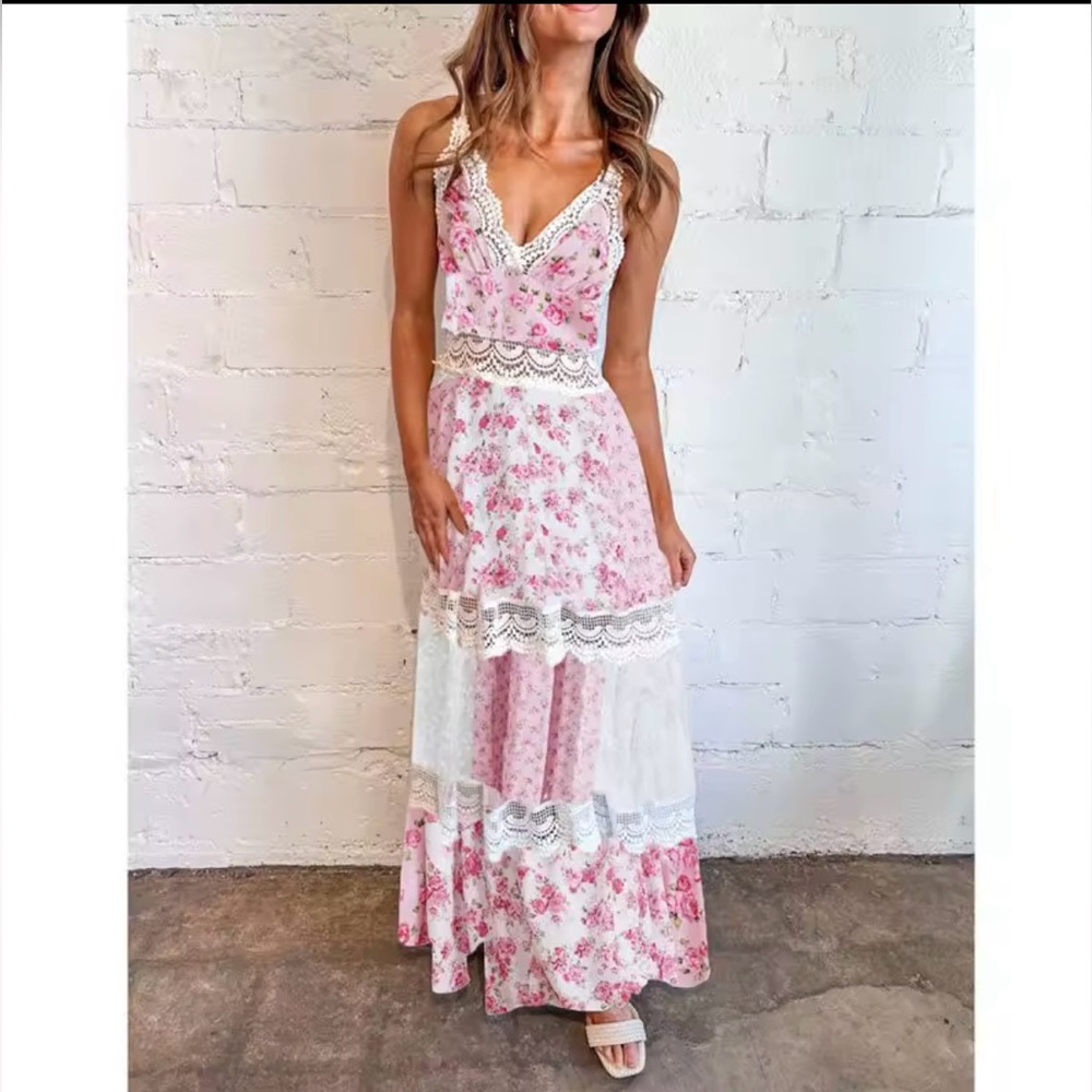 Pink floral lace crochet patchwork adjustable strap whimsical Boho maxi Dress - Picture 4 of 4